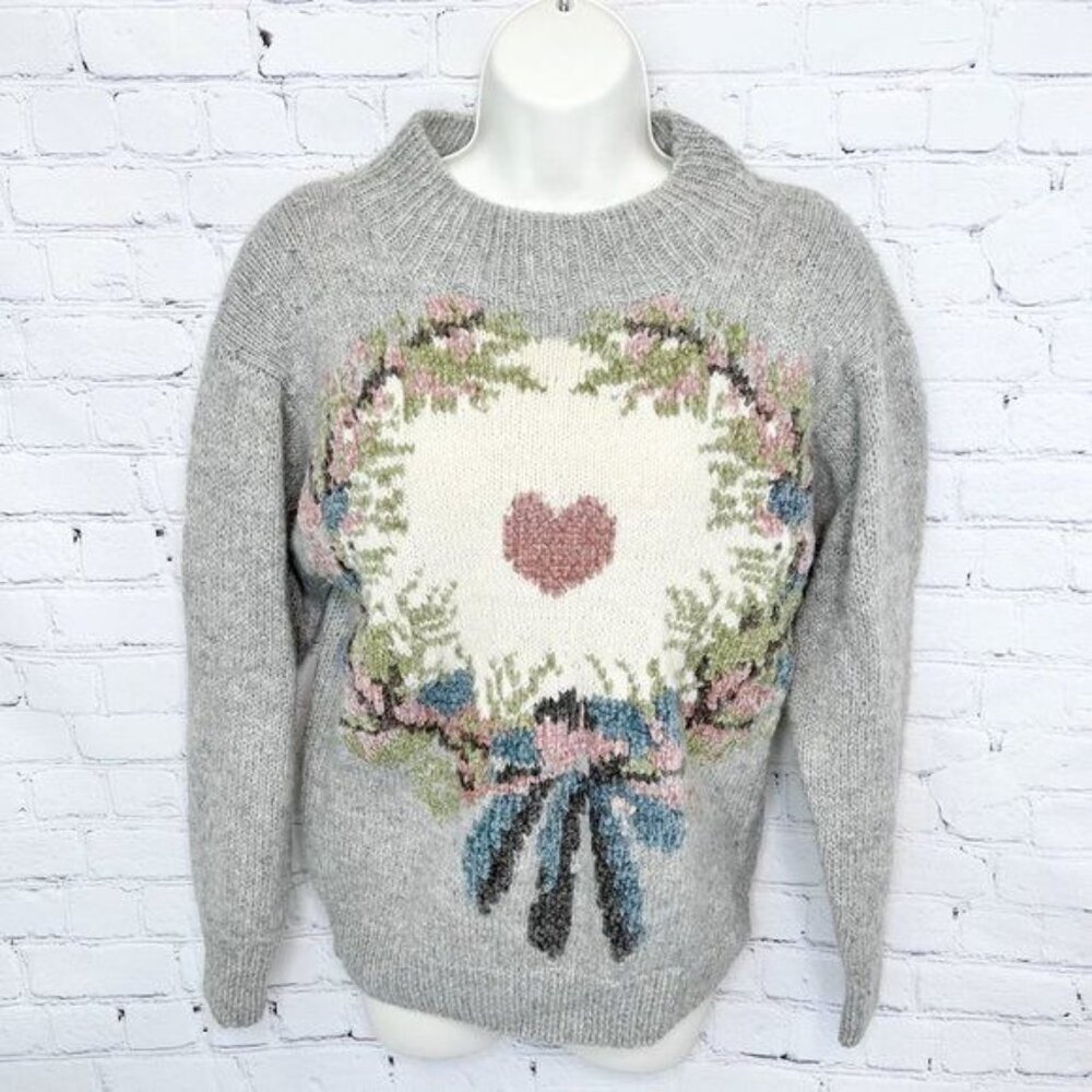 VTG COTTAGE STUDIO MICHELLE STUART HAND KNIT GRAY FLORAL HEART WOOL SWEATER - M